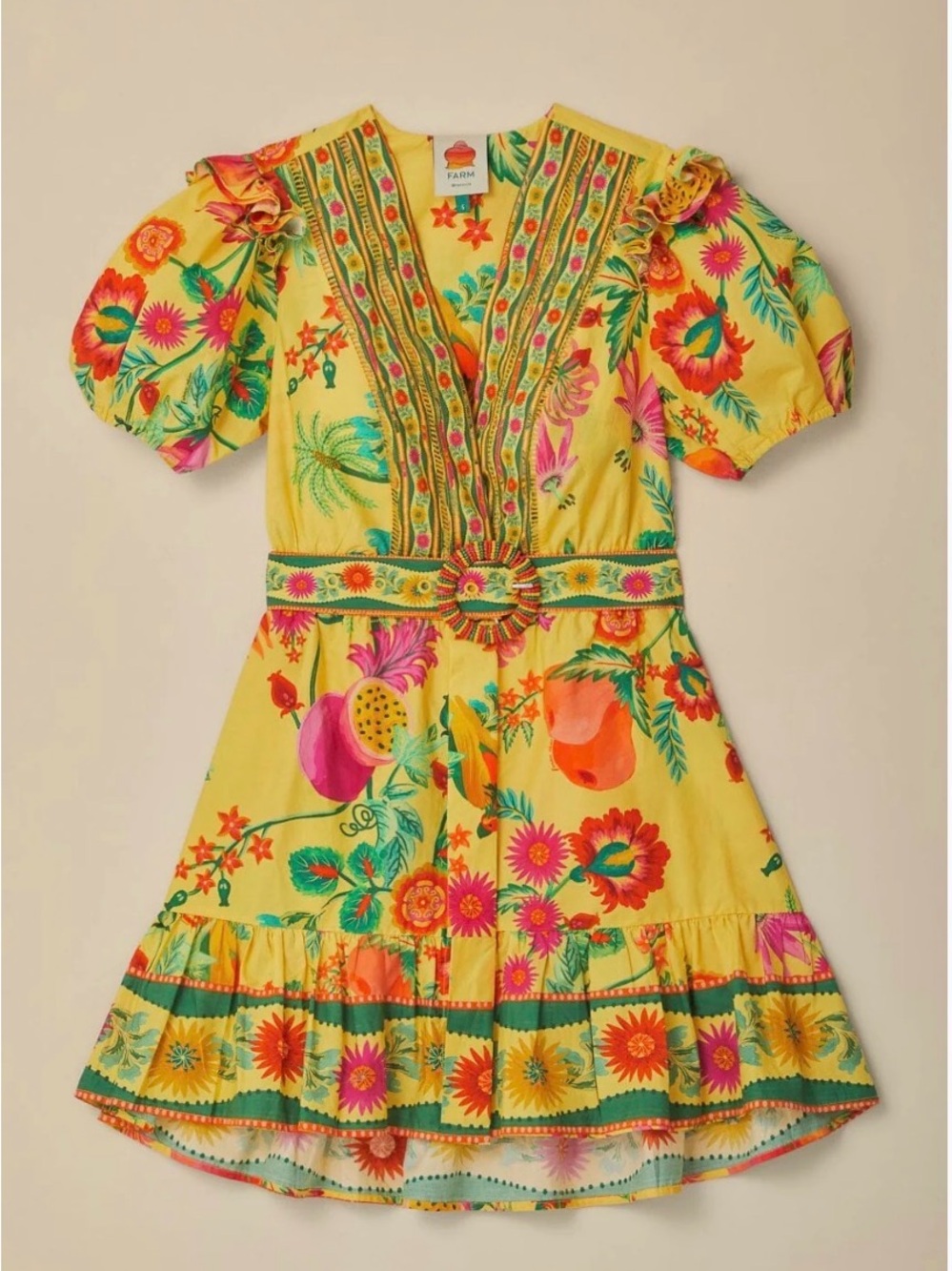 FARM Rio Yellow Delicate Fruit Garden Mini Dress